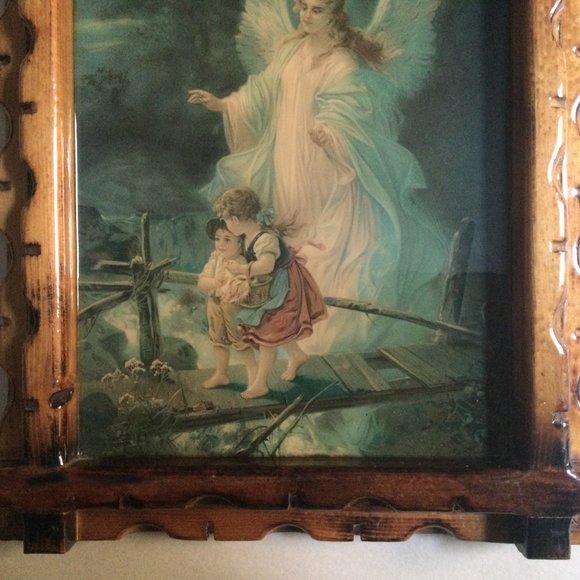 vintage wall hanging wood framed print on board children angel - Picture 3 of 5